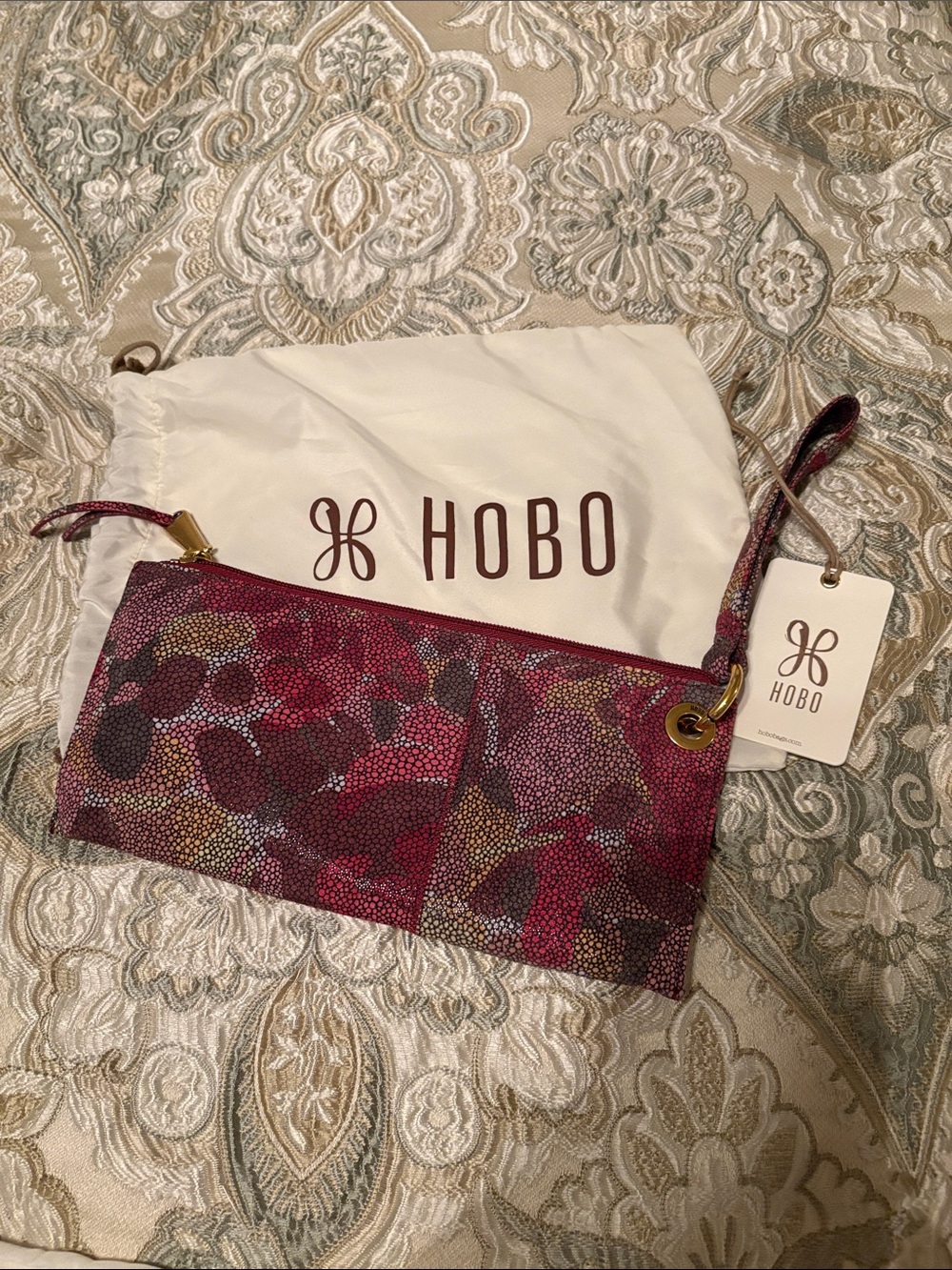 HOBO Burgundy Floral Leather Wristlet